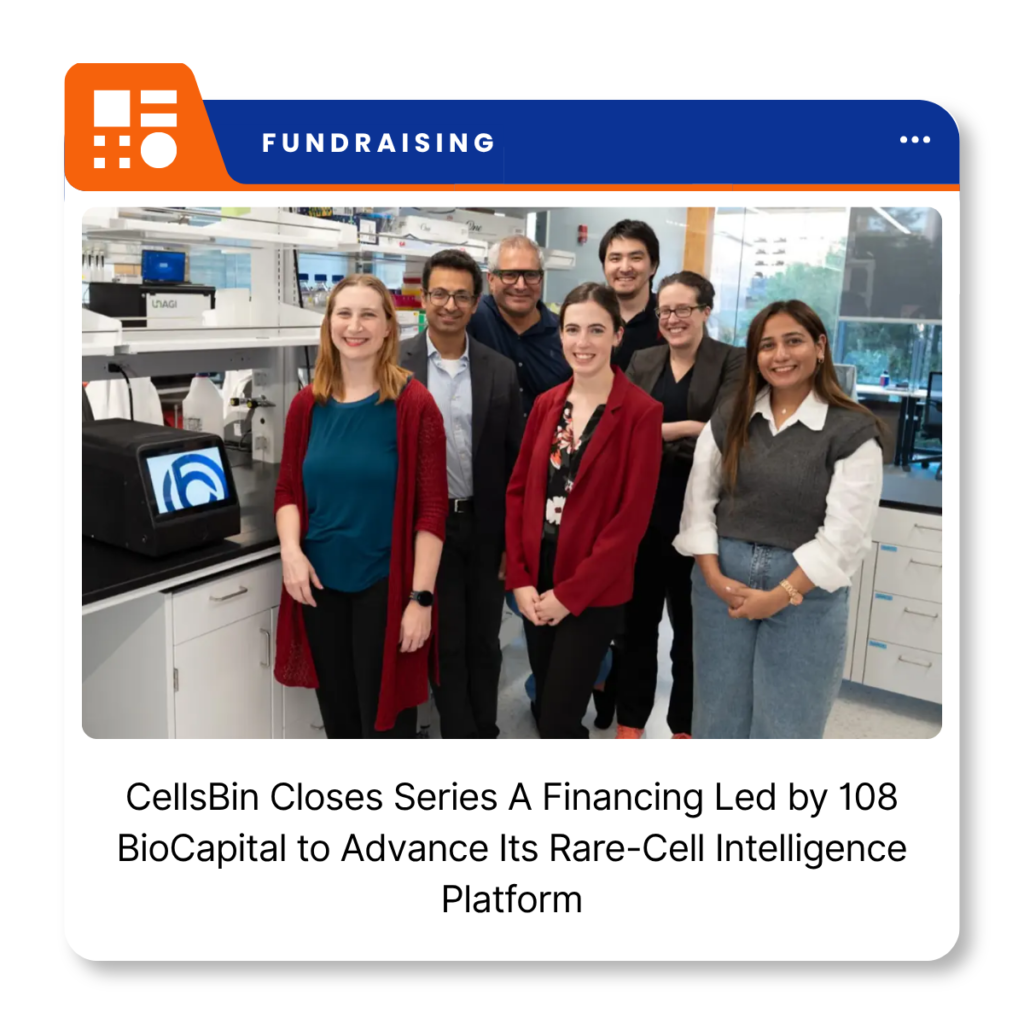 CellsBin logo and branding for the biotechnology company's Series A financing announcement.