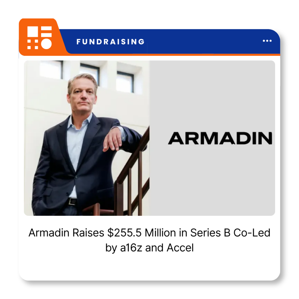 Armadin branding for the AI-native cybersecurity company's $255.5 million Series B funding announcement.