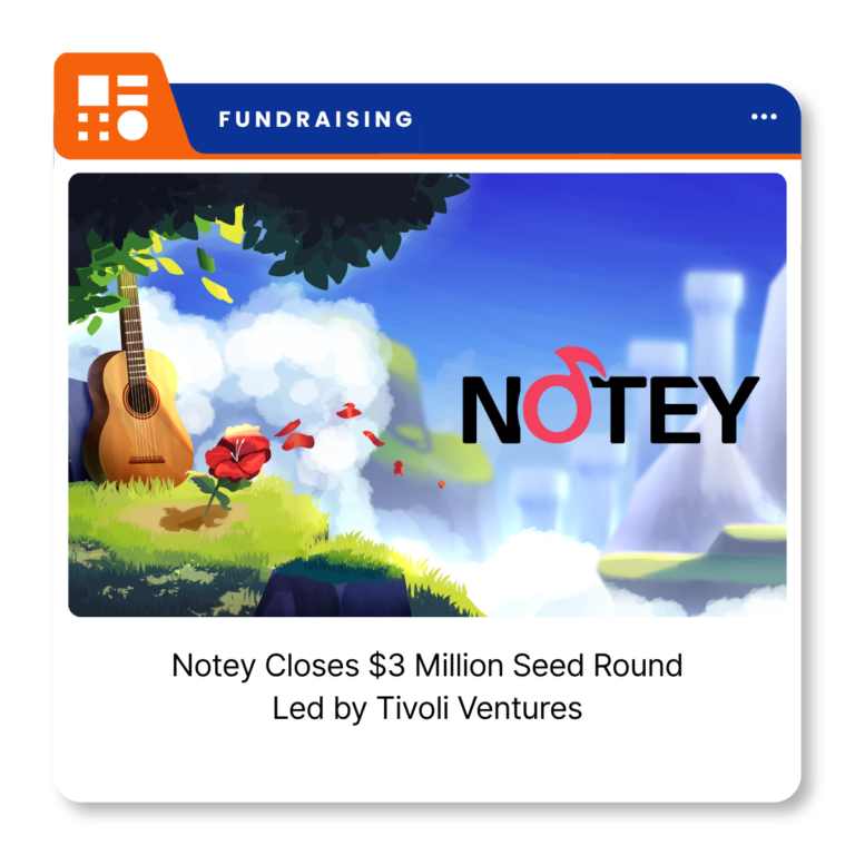 Notey music-learning platform displayed on a mobile device alongside a guitar.