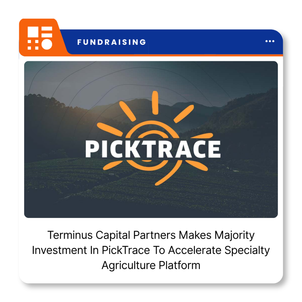 PickTrace and Terminus Capital Partners logos representing the majority growth investment in the agricultural software company.