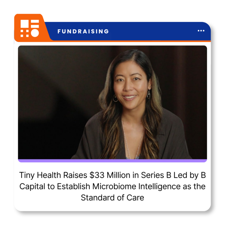 Tiny Health microbiome testing products and company branding following its $33 million Series B funding announcement.