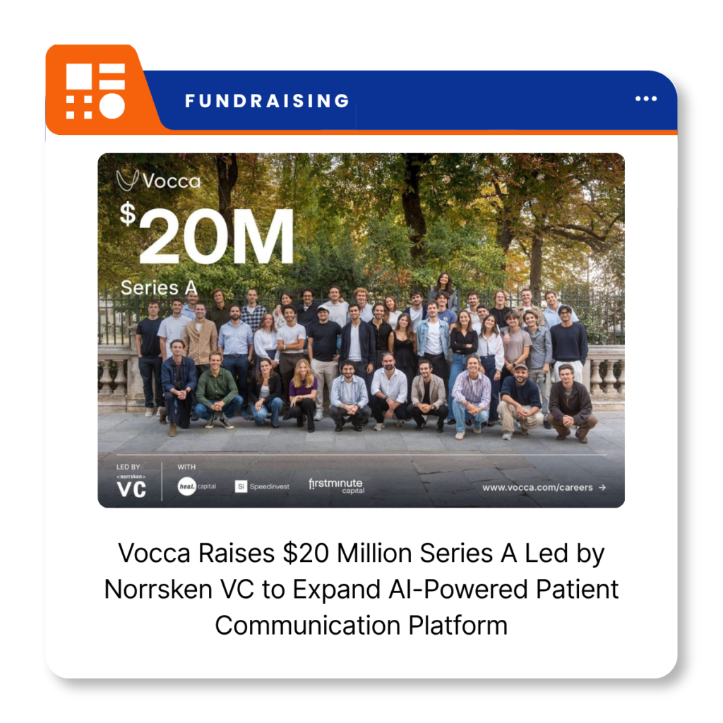 Vocca healthcare AI platform branding for its $20 million Series A funding announcement.